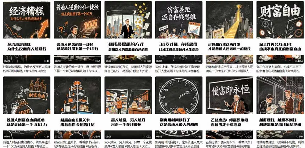 AI书单财富书籍图文解读：手绘黑白风格×一键直出×几十条视频跑1000单×全流程拆解×新手可上手-资源之家