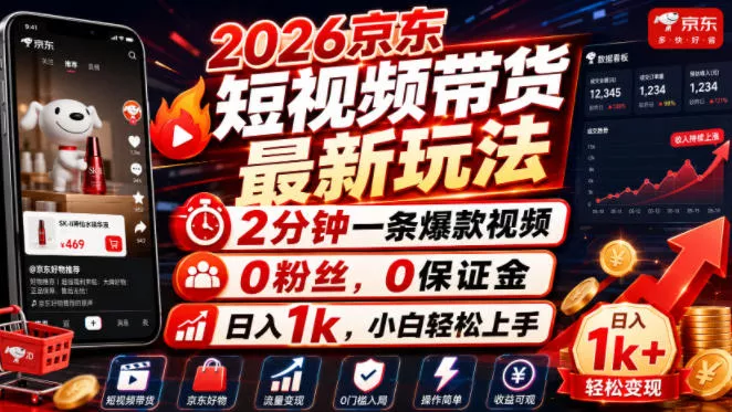 2026京东短视频带货最新玩法,2分钟一条爆款视频,0粉丝,0保证金,日入1k,小白轻松上手【揭秘】-资源之家
