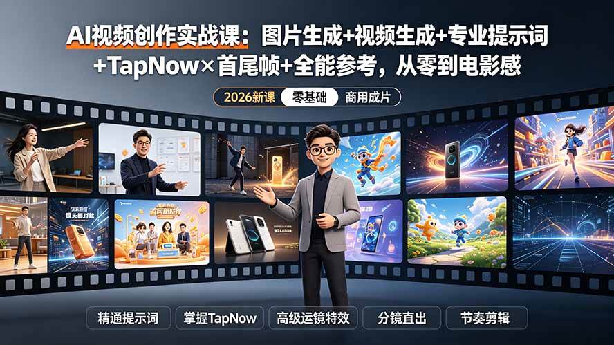 (19383期)AI视频创作实战课:图片生成+视频生成+专业提示词+TapNow×首尾帧+全能参考,从零到电影感成片-资源之家