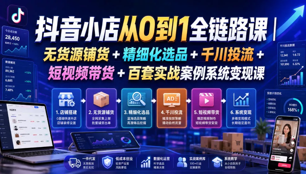 抖音小店从0到1全链路课｜无货源铺货+精细化选品+千川投流+短视频带货+百套实战案例系统变现课(2026年7月更新)-资源之家