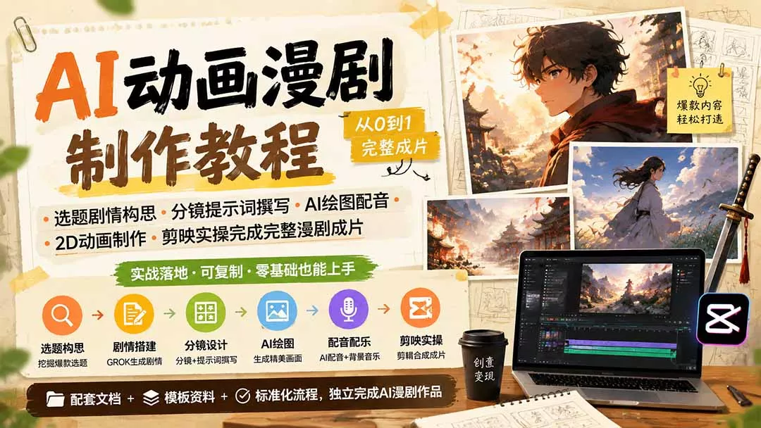 AI动画漫剧制作教程｜选题剧情构思·分镜提示词撰写·AI绘图配音·2D动画制作·剪映实操完成完整漫剧成片-资源之家
