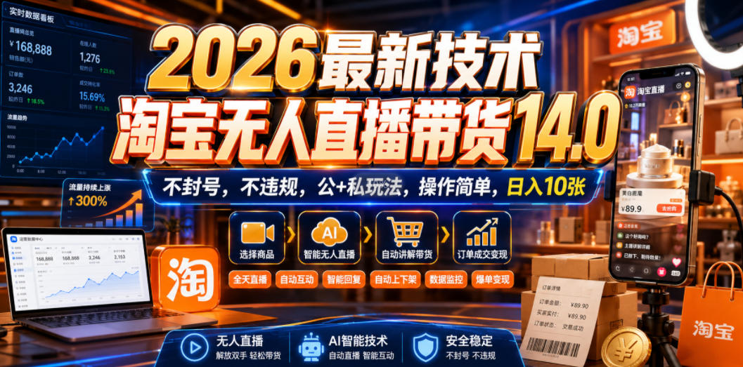 2026最新技术，淘宝无人直播带货14.0，不封号，不违规，公+私玩法，操作简单，日入10张【揭秘】-资源之家