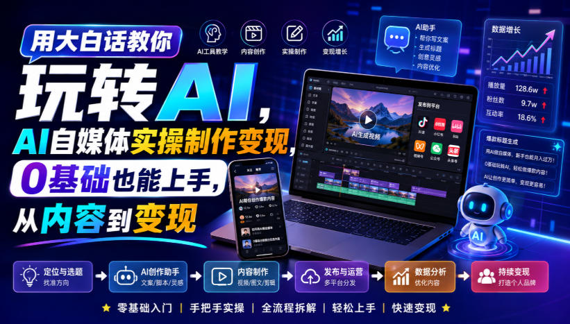 用大白话教你玩转AI，AI自媒体实操制作变现，0基础也能上手，从内容到变现-资源之家