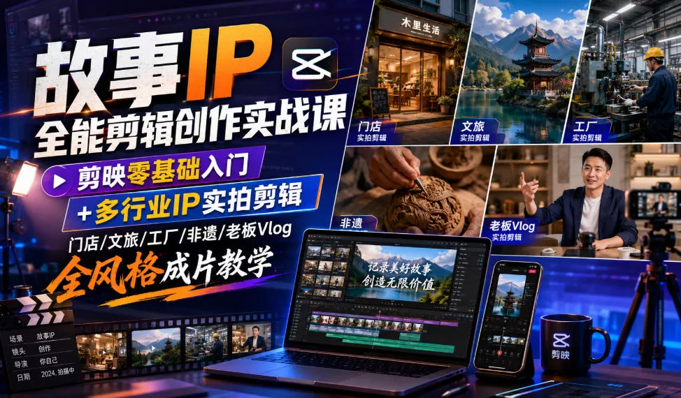 故事IP全能剪辑创作实战课｜剪映零基础入门+多行业IP实拍剪辑，门店/文旅/工厂/非遗/老板Vlog全风格成片教学-资源之家
