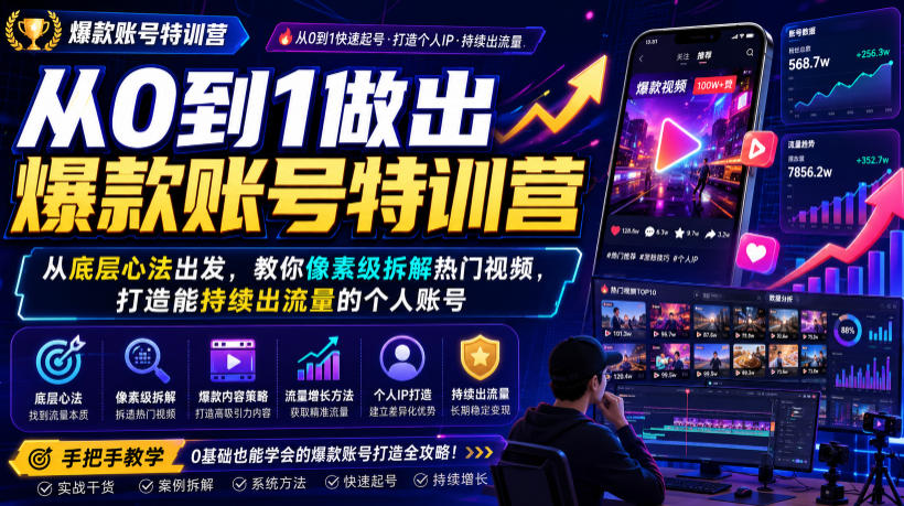 从0到1做出爆款账号特训营，从底层心法出发，教你像素级拆解热门视频，打造能持续出流量的个人账号-资源之家