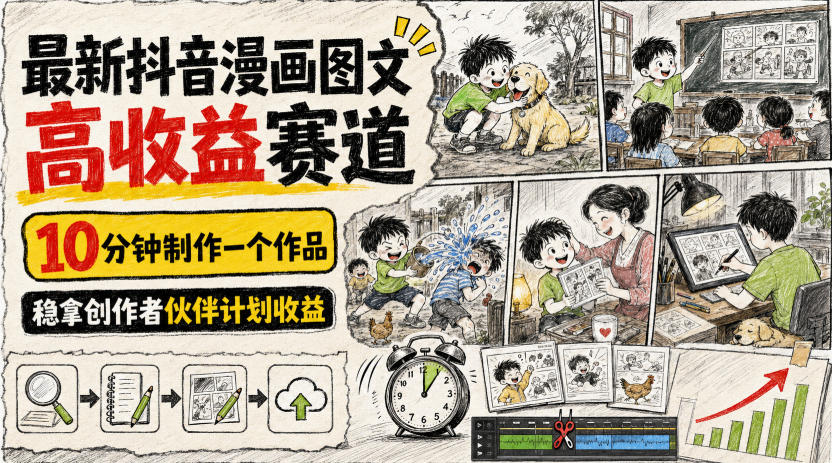 最新抖音漫画图文高收益赛道，10分钟制作一个作品，稳拿创作者伙伴计划收益-资源之家
