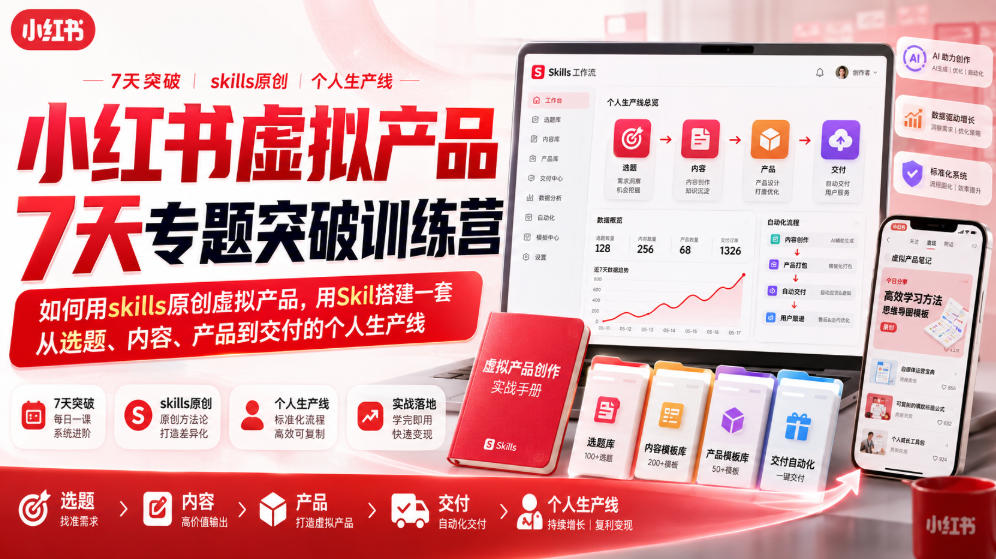 小红书虚拟产品7天专题突破训练营，如何用skills原创虚拟产品，用Skil搭建一套从选题、内容、产品到交付的个人生产线-资源之家