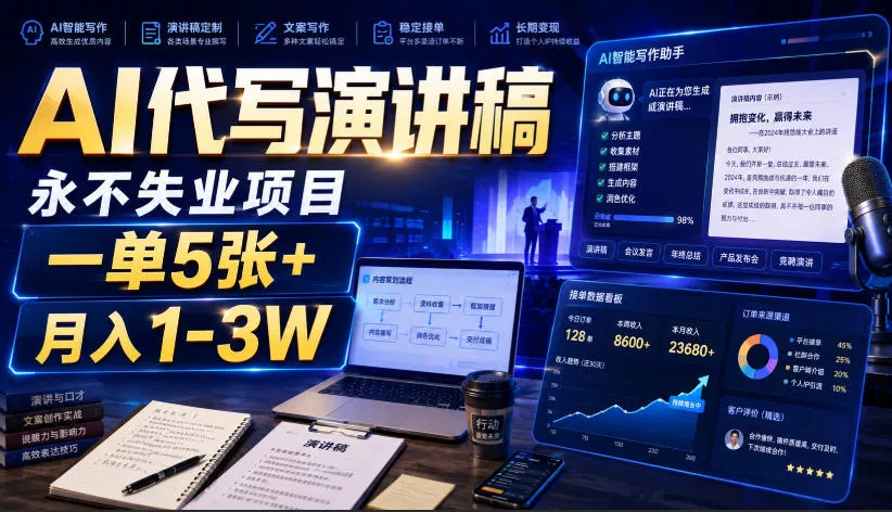 AI代写演讲稿，永不失业项目，一单5张+，月入1-3W【揭秘】-资源之家