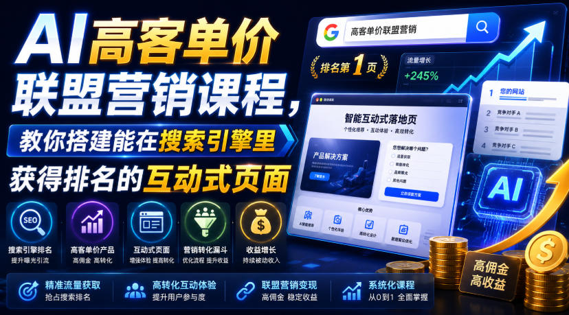 AI高客单价联盟营销课程,教你搭建能在搜索引擎里获得排名的互动式页面,引来流量,把访客转化为高佣金的成交【原创双语字幕】-资源之家