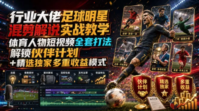 行业大佬足球明星混剪解说实战教学｜体育人物短视频全套打法，解锁伙伴计划+精选独家多重收益模式-资源之家