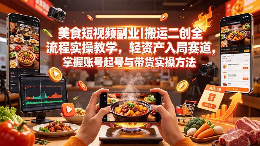 （19535期）美食短视频副业｜搬运二创全流程实操教学，轻资产入局赛道，掌握账号起号与带货实操方法-资源之家