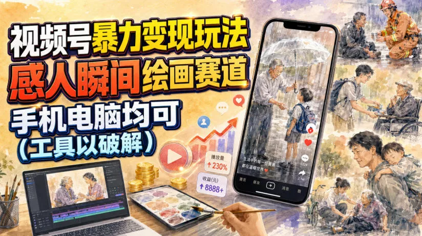 视频号暴力变现玩法,感人瞬间绘画赛道,手机电脑均可-资源之家