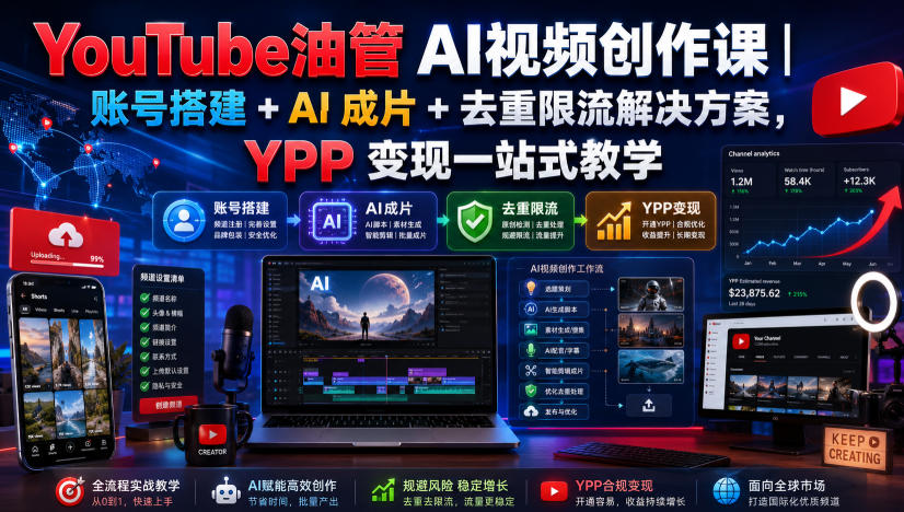 YouTube油管AI视频创作课｜账号搭建+AI成片+去重限流解决方案，YPP变现一站式教学-资源之家