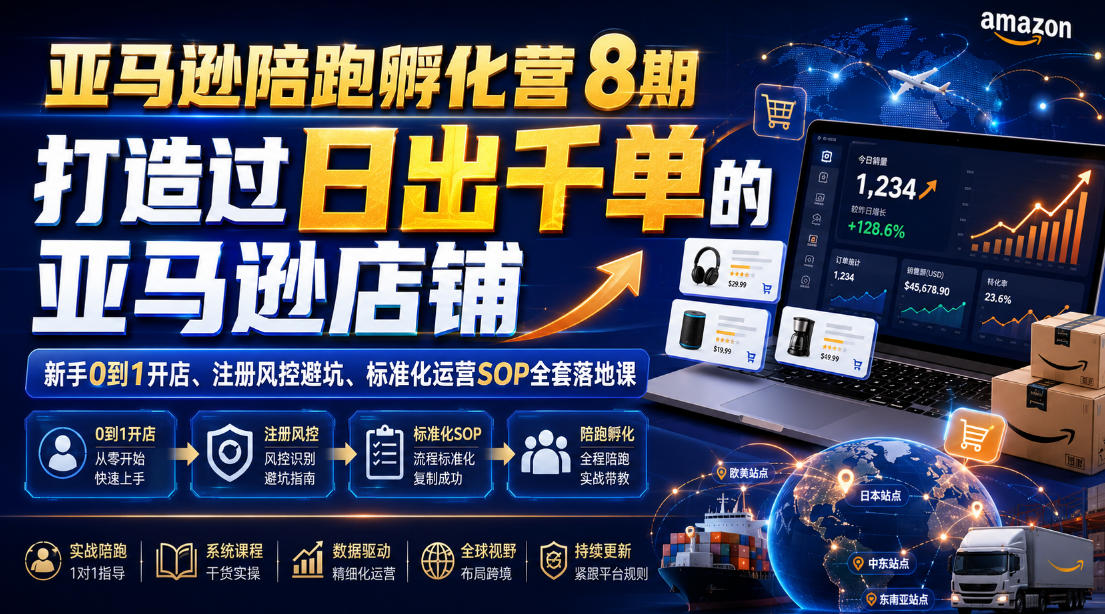 亚马逊陪跑孵化营8期,打造过日出千单的亚马逊店铺,新手0到1开店、注册风控避坑、标准化运营SOP全套落地课-资源之家