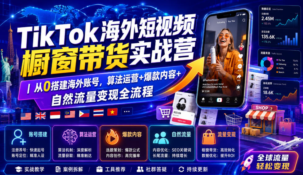TikTok海外短视频橱窗带货实战营｜从0搭建海外账号，算法运营+爆款内容+自然流量变现全流程-资源之家