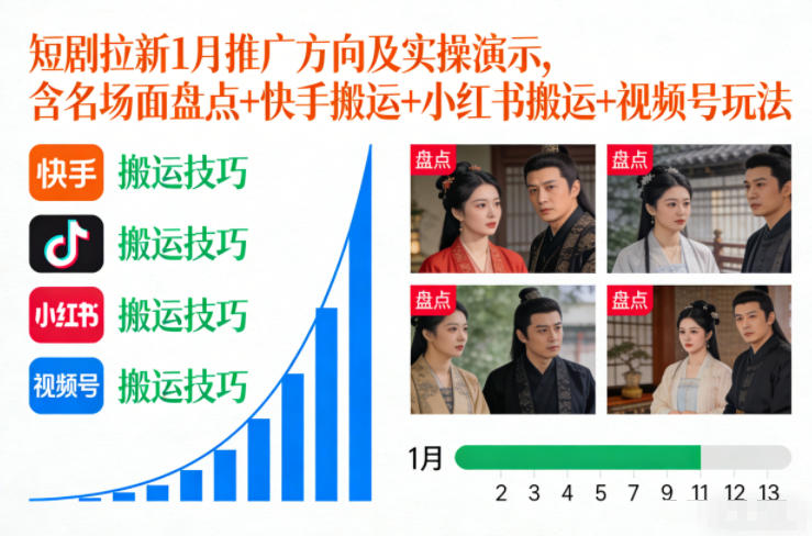 短剧拉新1月推广方向及实操演示，含名场面盘点+快手搬运+小红书搬运+视频号玩法-资源之家