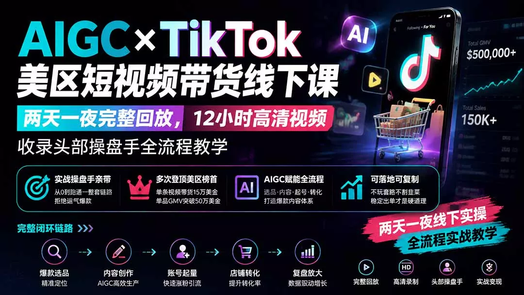 AIGC×TikTok美区短视频带货线下课;两天一夜完整回放,12小时高清视频收录头部操盘手全流程教学 AIGC×TikTok美区短视频带货线下课;两天一夜完整回放,12小时高清视频收录头部操盘手全流程教学