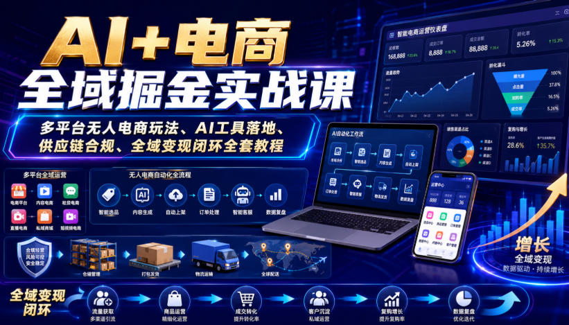 AI+电商全域掘金实战课｜多平台无人电商玩法、AI工具落地、供应链合规、全域变现闭环全套教程-资源之家