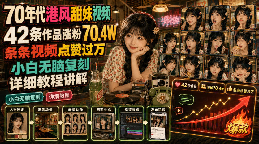 70年代港风甜妹视频，42条作品涨粉70.4W，条条视频点赞过万，小白无脑复刻，详细教程讲解-资源之家