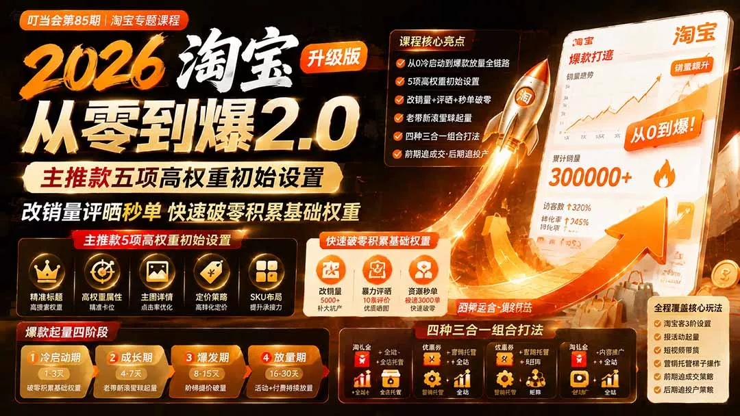 2026淘宝从零到爆2.0第85期；主推款五项高权重初始设置，改销量评晒秒单快速破零积累基础权重-资源之家