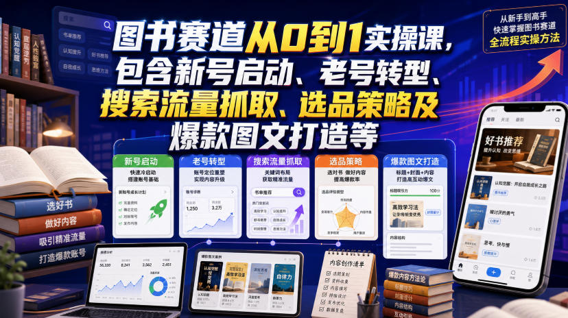 图书赛道从0到1实操课，包含新号启动、老号转型、搜索流量抓取、选品策略及爆款图文打造等-资源之家