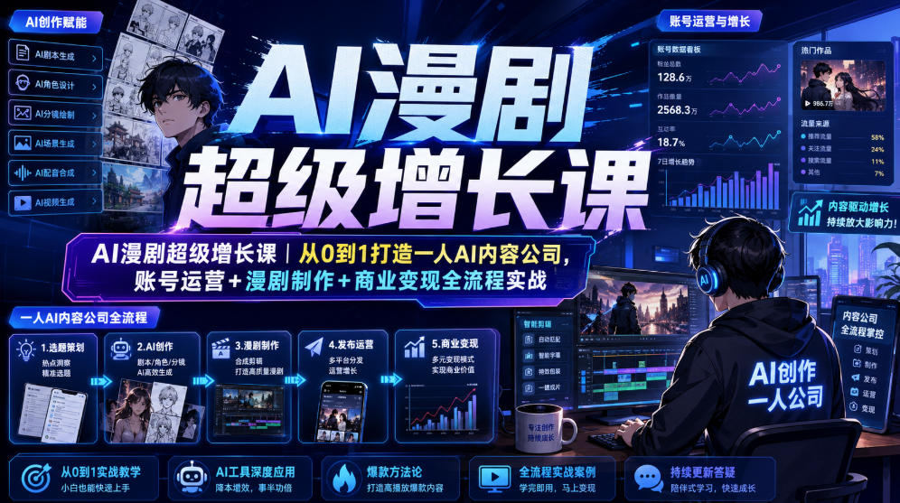 AI漫剧超级增长课｜从0到1打造一人AI内容公司，账号运营+漫剧制作+商业变现全流程实战-资源之家