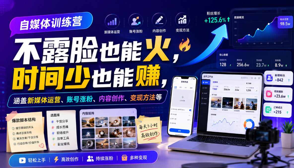 自媒体训练营，不露脸也能火，时间少也能賺，涵盖新媒体运营、账号涨粉、内容创作、变现方法等-资源之家