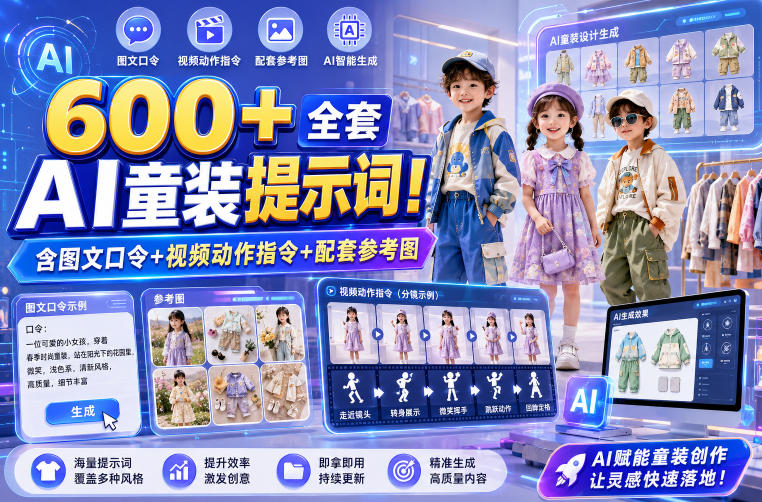 600+全套AI童装提示词！含图文口令+视频动作指令+配套参考图，Word-Excel规整分类，童装电商、种草无脑量产内容！-资源之家