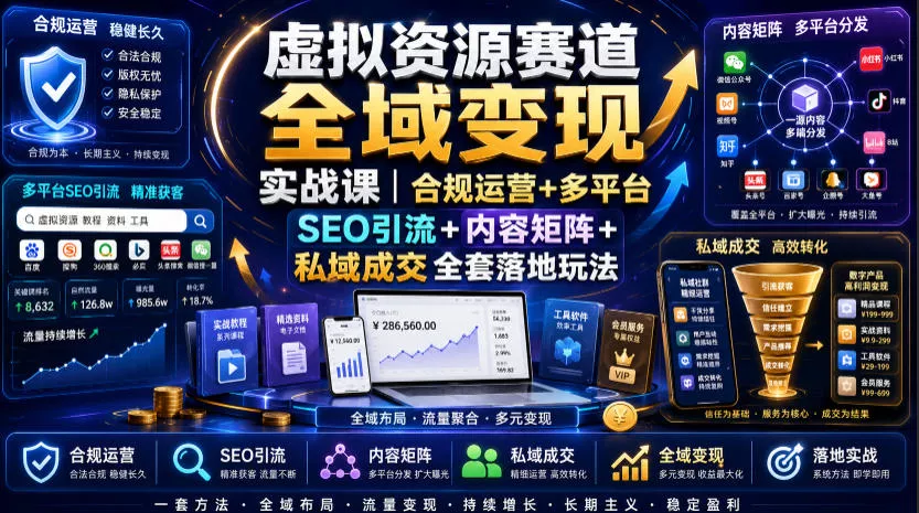 虚拟资源赛道全域变现实战课|合规运营+多平台SEO引流+内容矩阵+私域成交全套落地玩法-资源之家