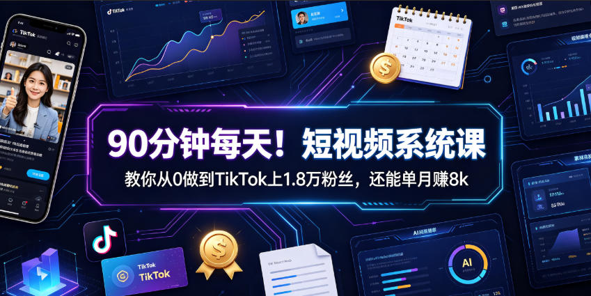 90分钟每天!短视频系统课教你从0做到TikTok上1.8万粉丝,还能单月賺8k【原创双语字幕】-资源之家