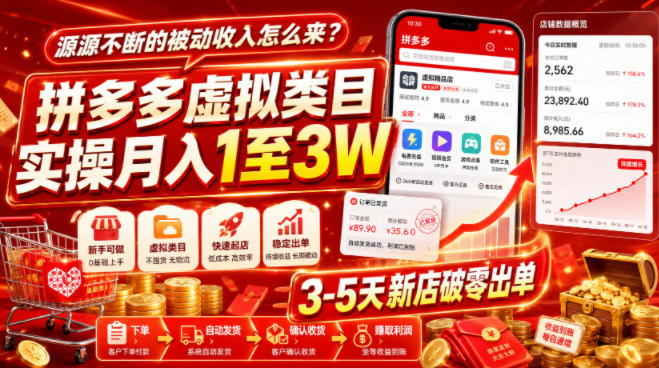 源源不断的被动收入怎么来?拼多多虚拟类目实操月入1至3W,3-5天新店破零出单-资源之家