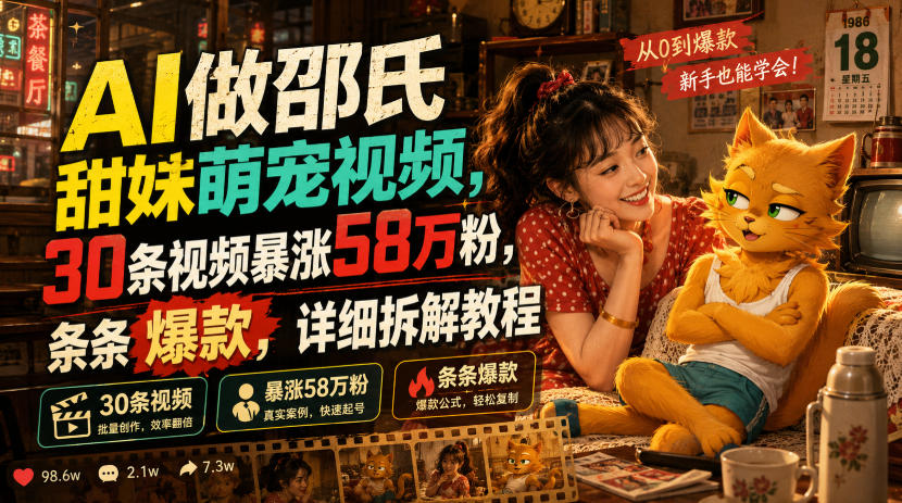 AI做邵氏甜妹萌宠视频,30条视频暴涨58万粉,条条爆款,详细拆解教程-资源之家